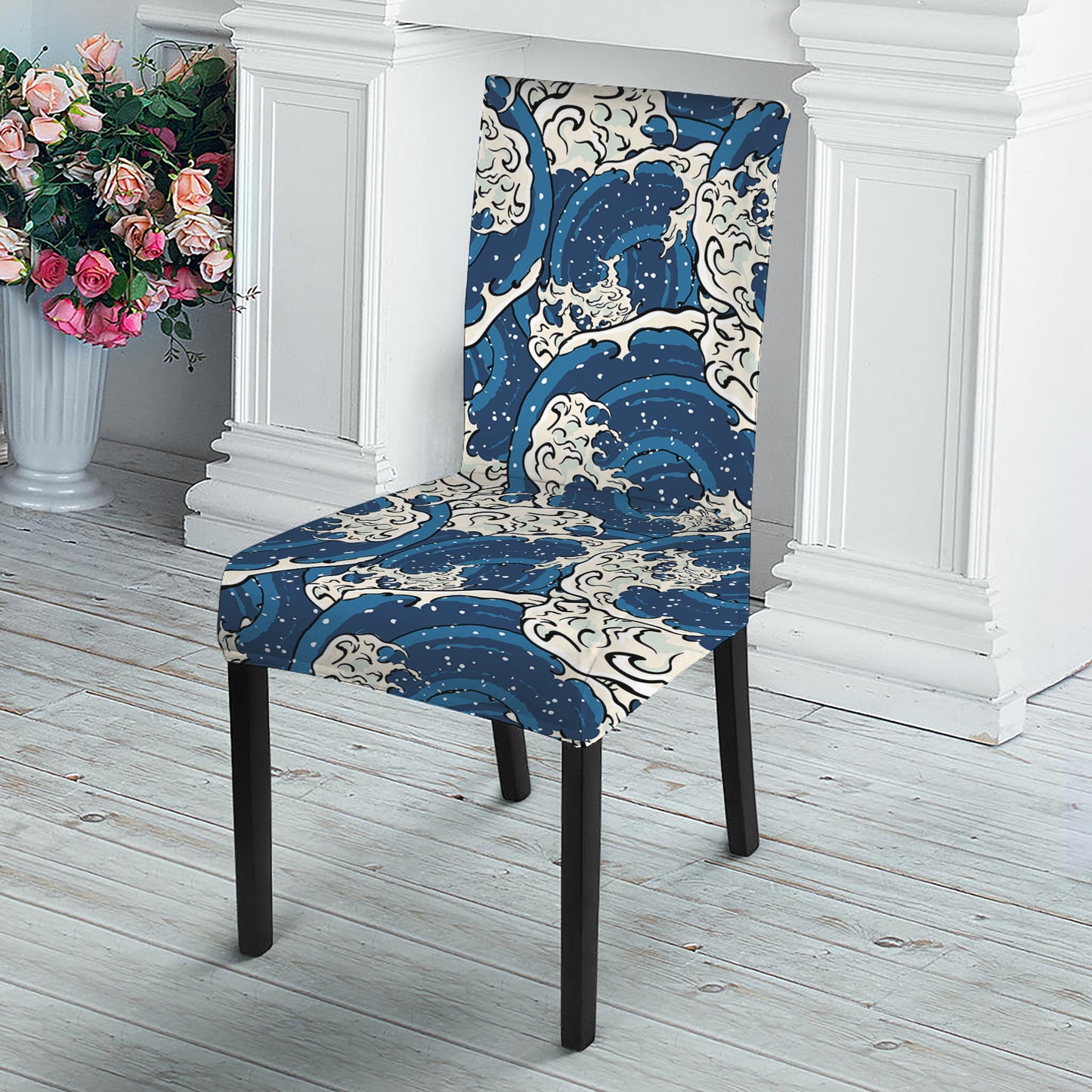 Japanese Ocean Wave Pattern Print Dining Chair Slipcover