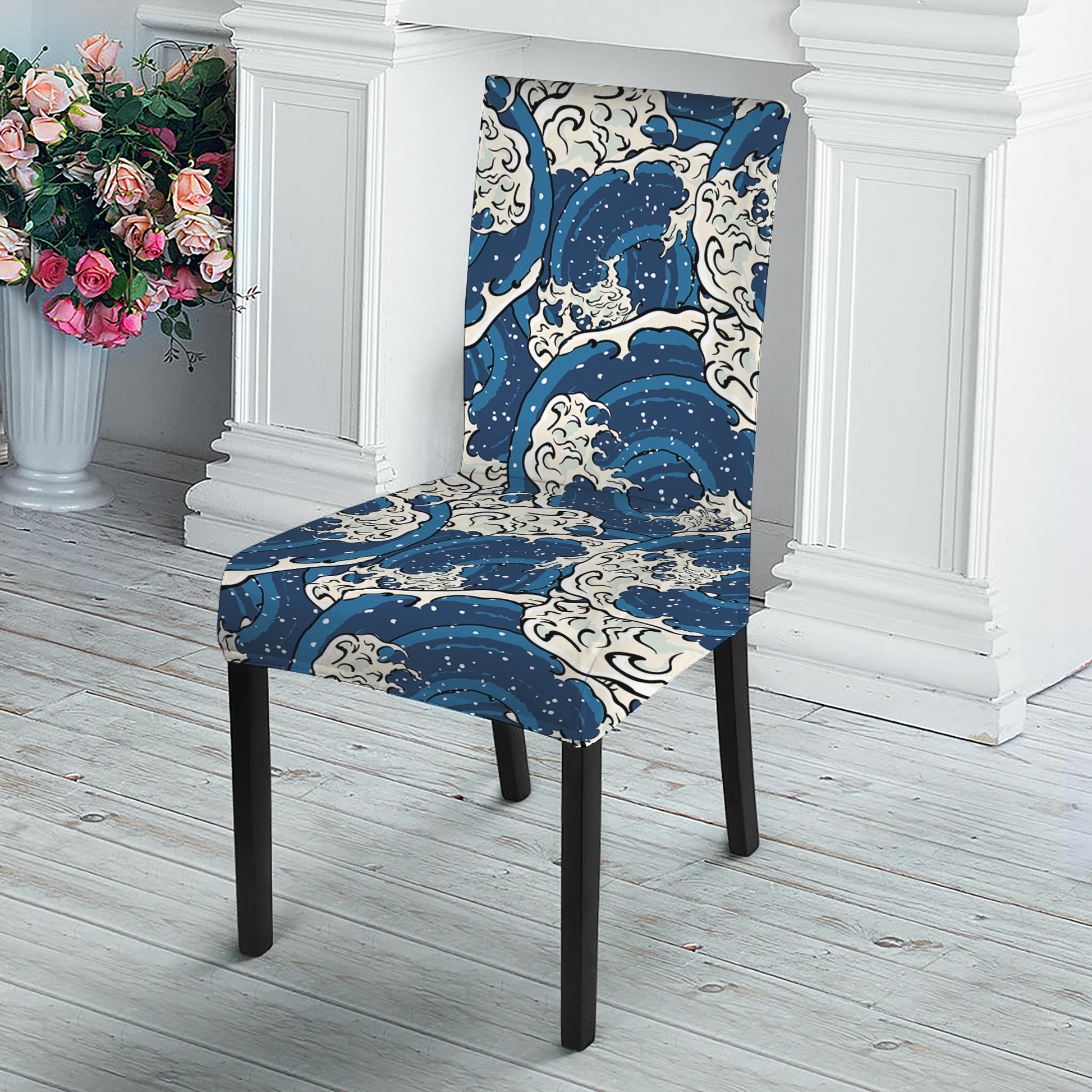 Japanese Ocean Wave Pattern Print Dining Chair Slipcover