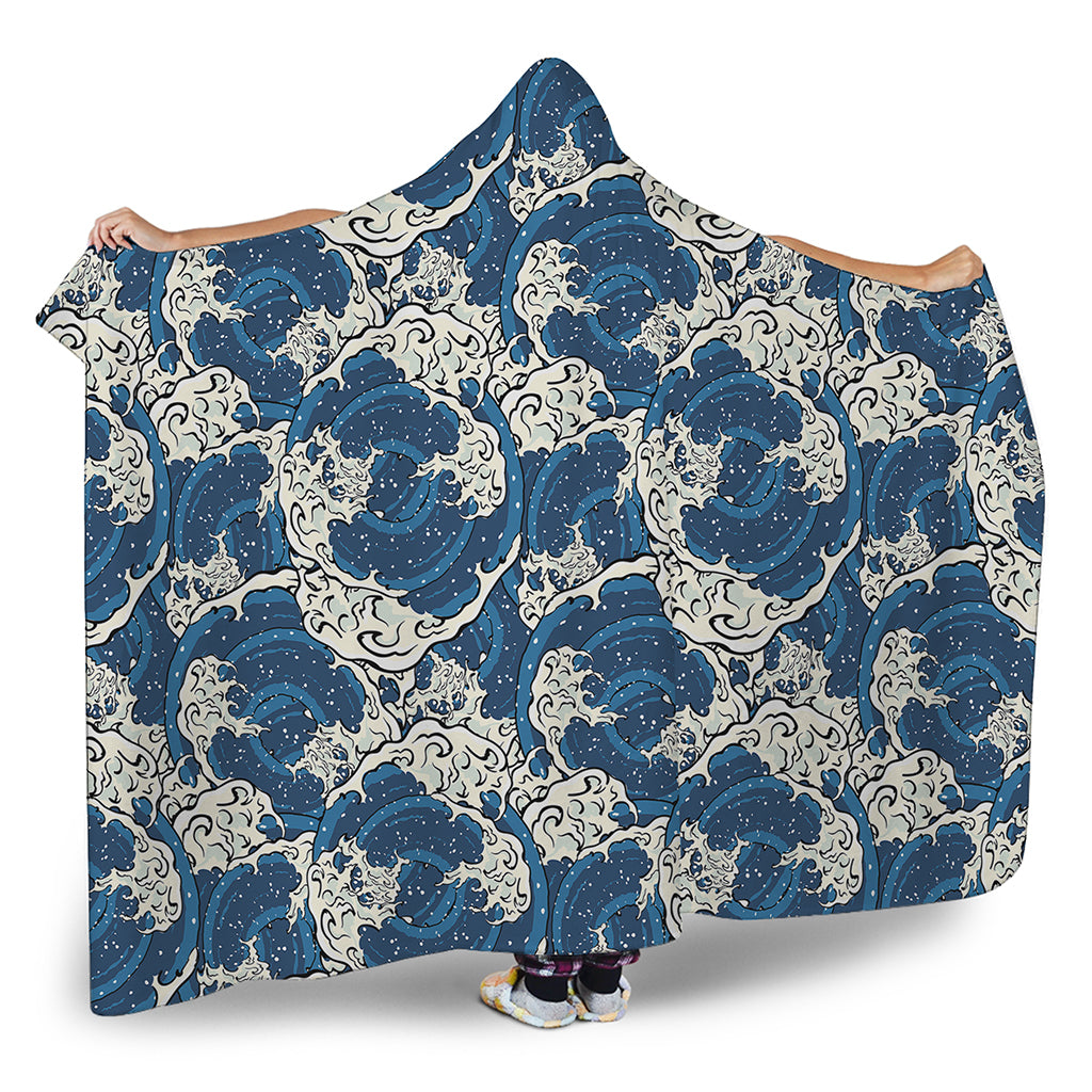 Japanese Ocean Wave Pattern Print Hooded Blanket