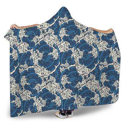 Japanese Ocean Wave Pattern Print Hooded Blanket