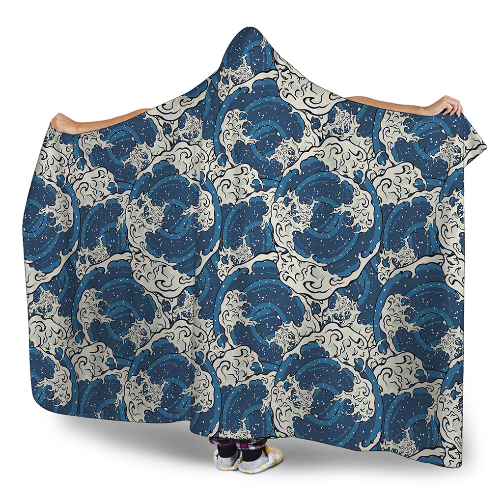 Japanese Ocean Wave Pattern Print Hooded Blanket
