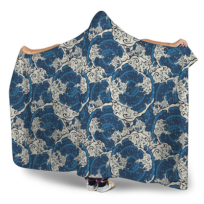 Japanese Ocean Wave Pattern Print Hooded Blanket