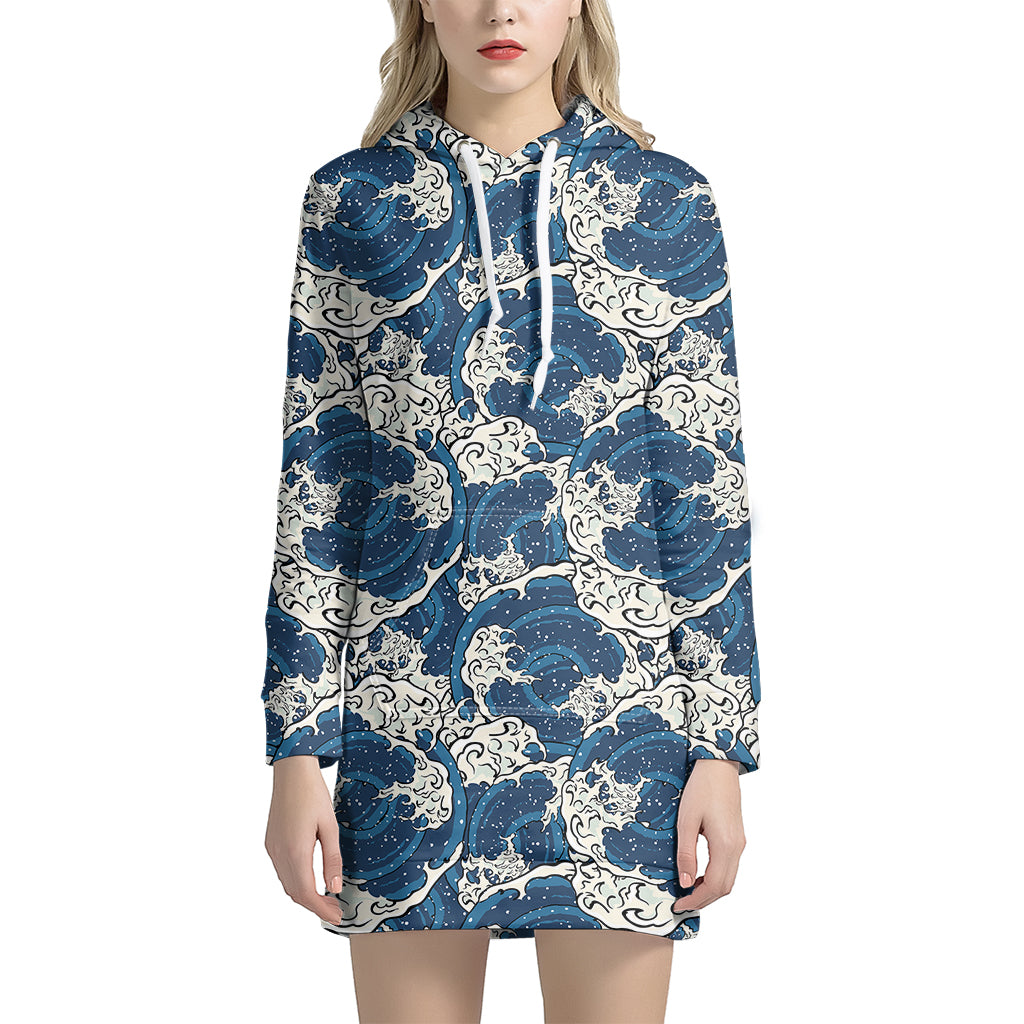 Japanese Ocean Wave Pattern Print Hoodie Dress