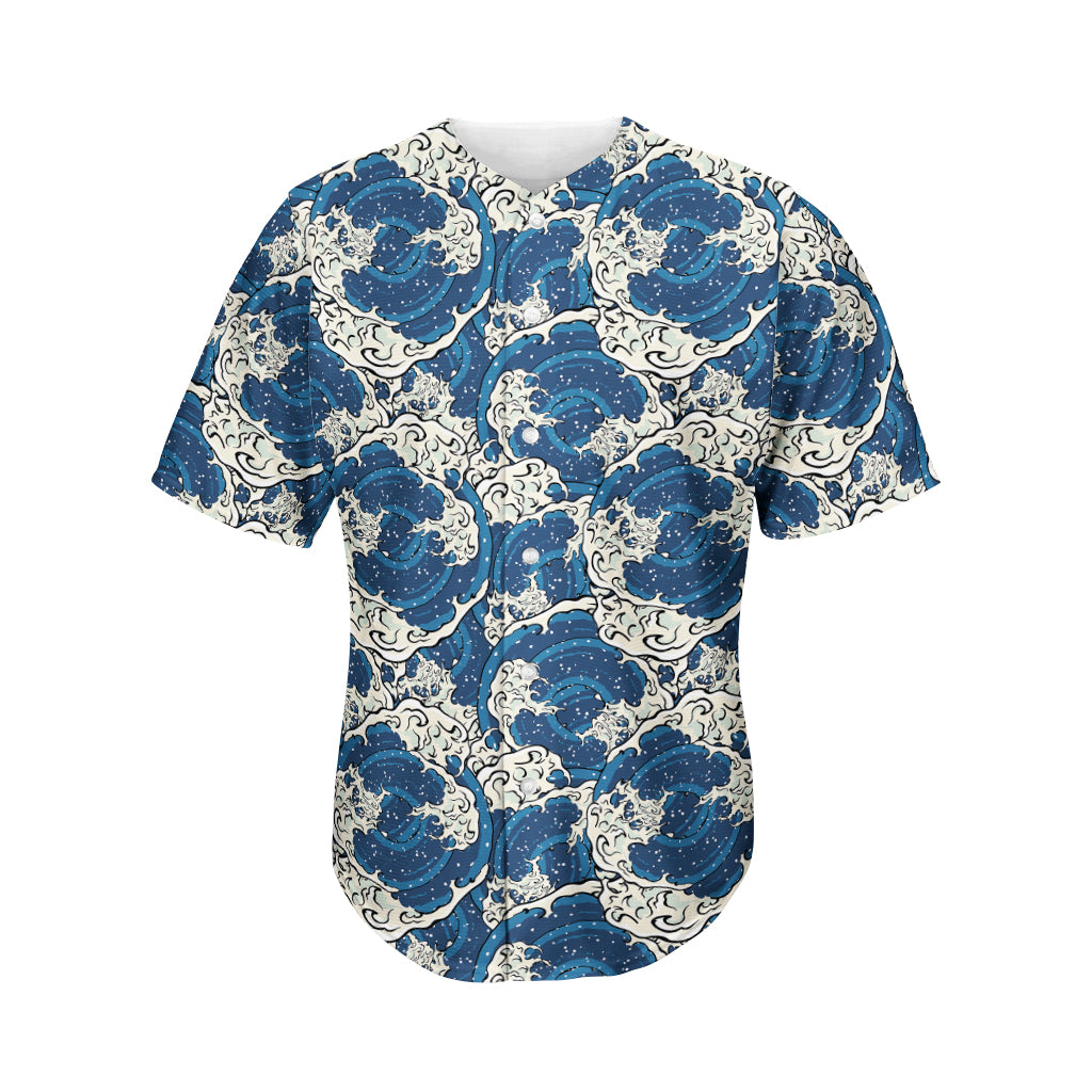 Japanese Ocean Wave Pattern Print Men's Baseball Jersey