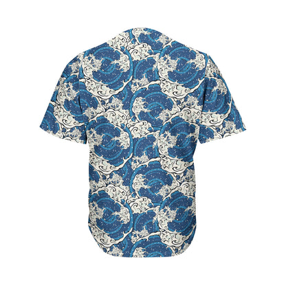 Japanese Ocean Wave Pattern Print Men's Baseball Jersey