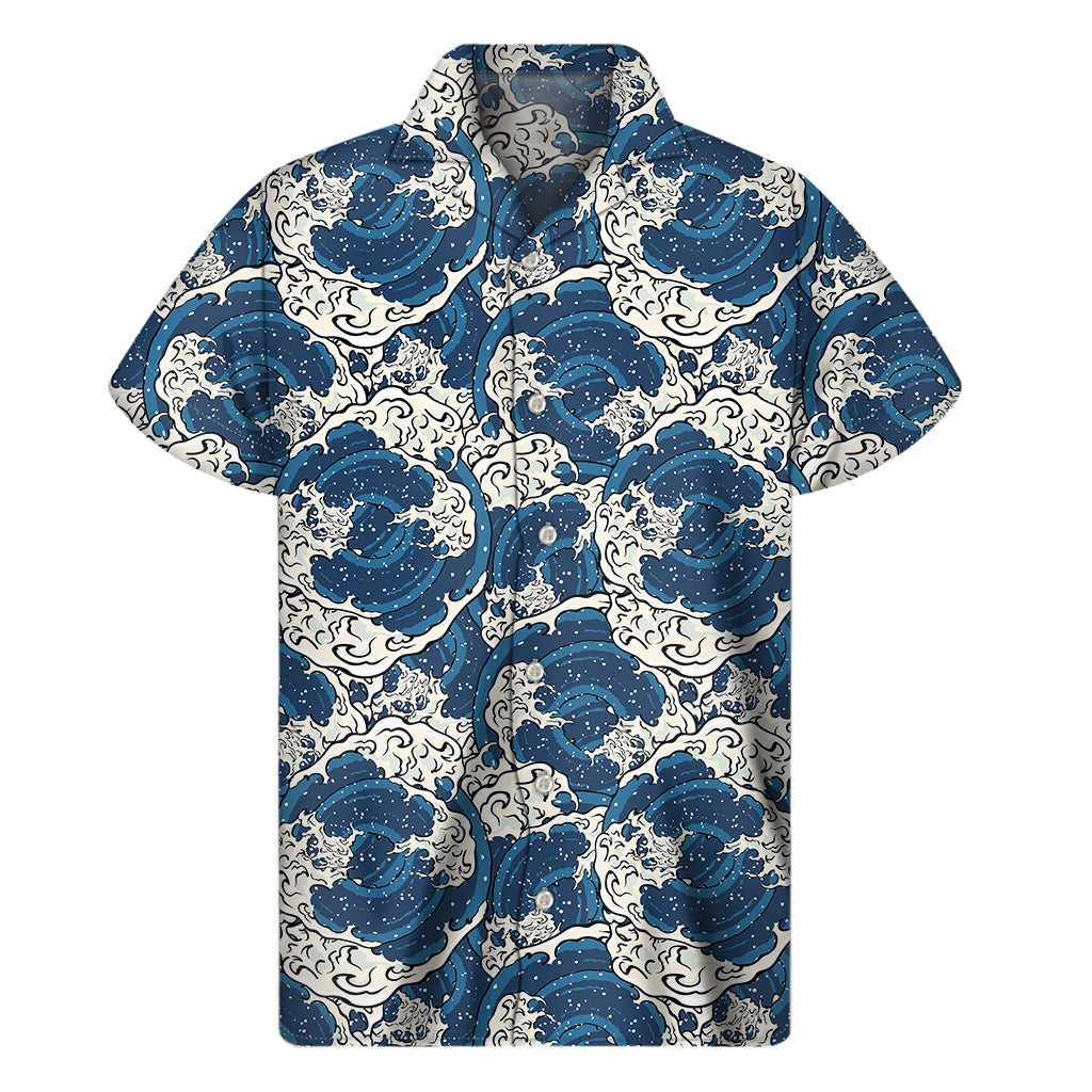 Japanese Ocean Wave Pattern Print Men's Short Sleeve Shirt