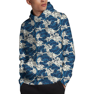 Japanese Ocean Wave Pattern Print Pullover Hoodie