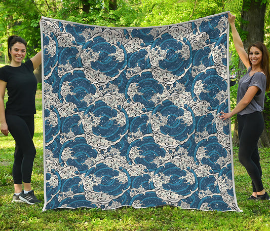 Japanese Ocean Wave Pattern Print Quilt