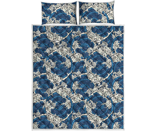 Japanese Ocean Wave Pattern Print Quilt Bed Set
