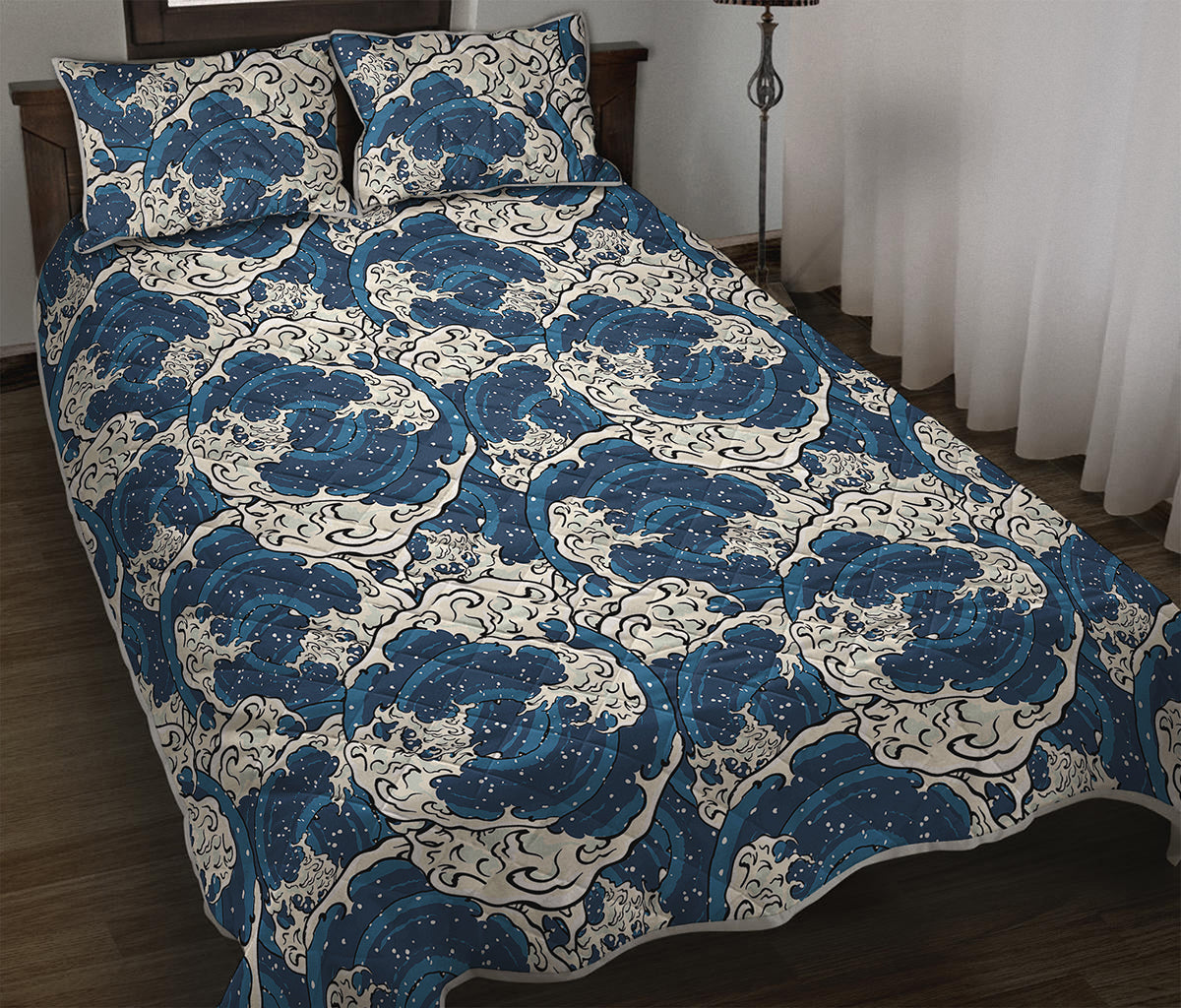 Japanese Ocean Wave Pattern Print Quilt Bed Set