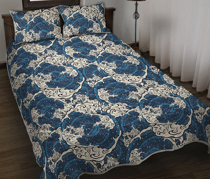 Japanese Ocean Wave Pattern Print Quilt Bed Set