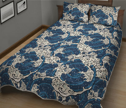Japanese Ocean Wave Pattern Print Quilt Bed Set