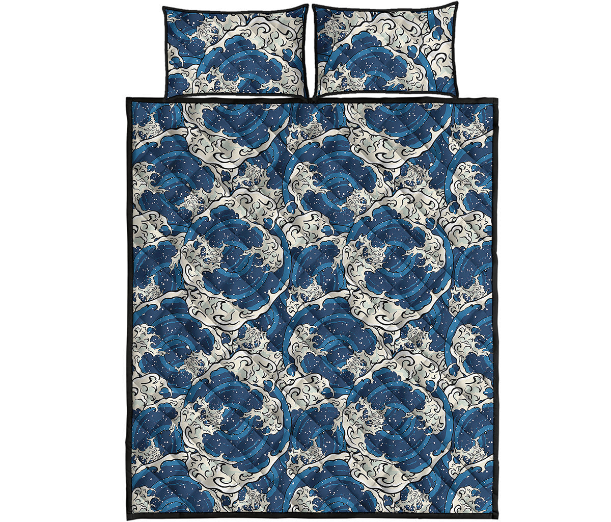 Japanese Ocean Wave Pattern Print Quilt Bed Set