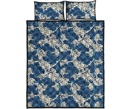 Japanese Ocean Wave Pattern Print Quilt Bed Set