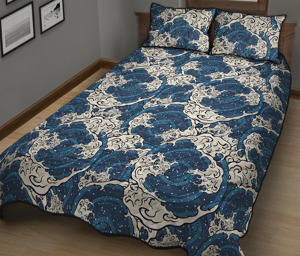 Japanese Ocean Wave Pattern Print Quilt Bed Set