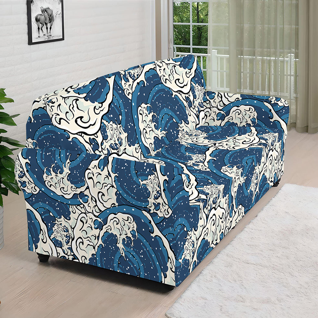 Japanese Ocean Wave Pattern Print Sofa Cover