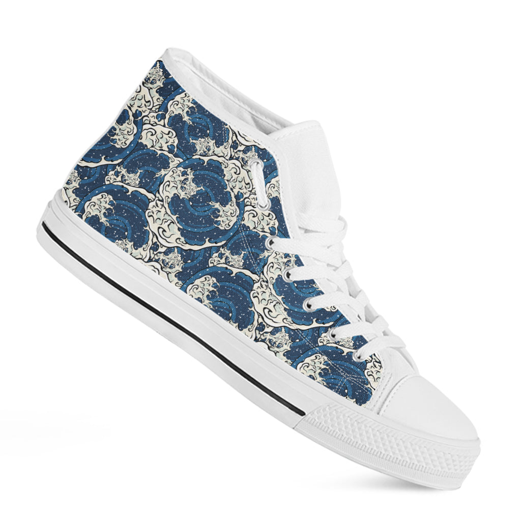 Japanese Ocean Wave Pattern Print White High Top Shoes