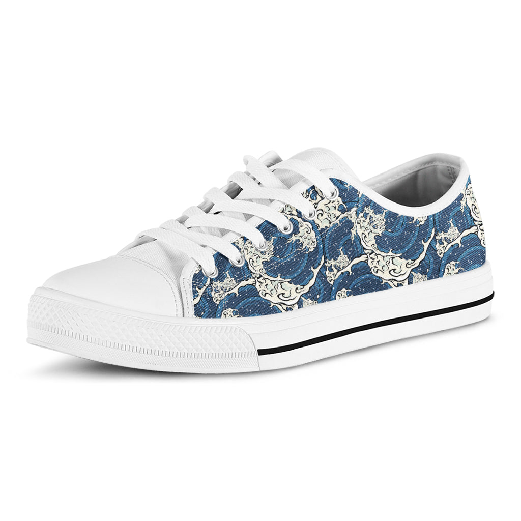 Japanese Ocean Wave Pattern Print White Low Top Shoes