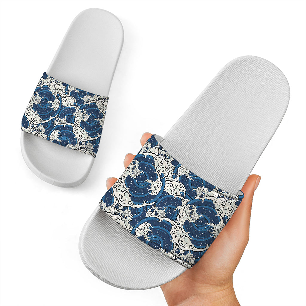 Japanese Ocean Wave Pattern Print White Slide Sandals