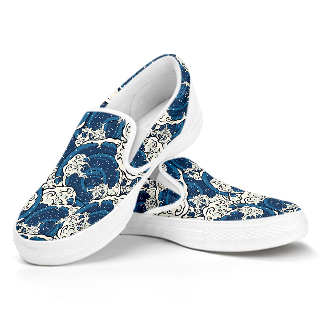 Japanese Ocean Wave Pattern Print White Slip On Shoes