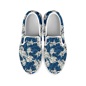 Japanese Ocean Wave Pattern Print White Slip On Shoes