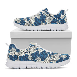 Japanese Ocean Wave Pattern Print White Sneakers