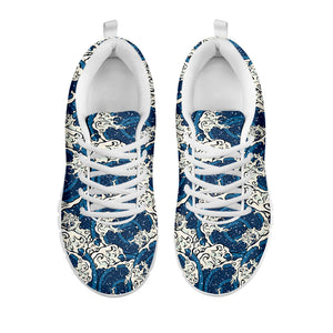 Japanese Ocean Wave Pattern Print White Sneakers