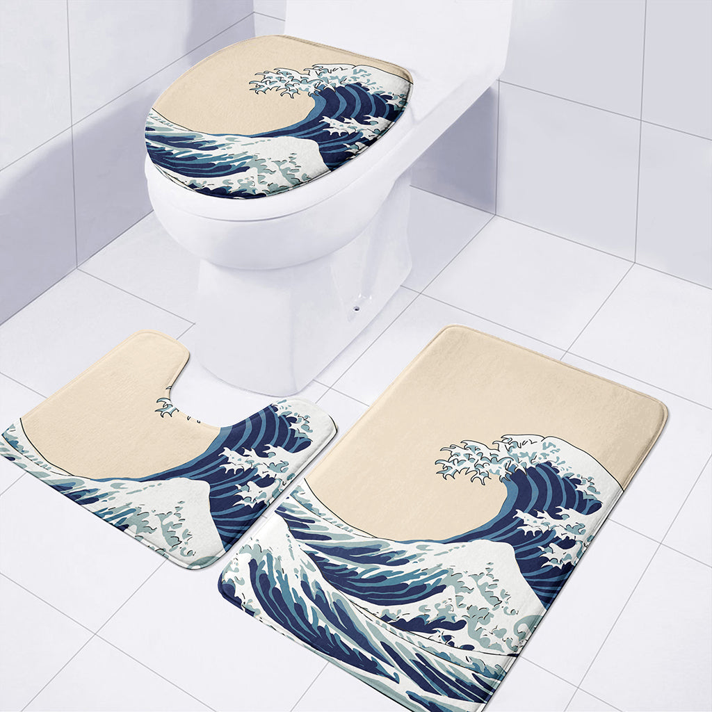 Japanese Ocean Wave Print 3 Piece Bath Mat Set