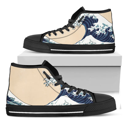 Japanese Ocean Wave Print Black High Top Shoes
