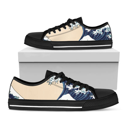 Japanese Ocean Wave Print Black Low Top Shoes 