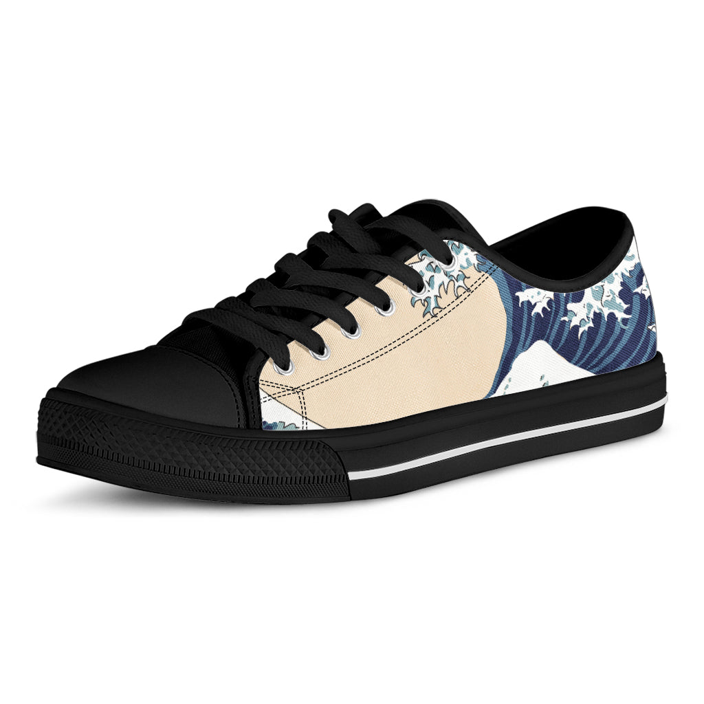 Japanese Ocean Wave Print Black Low Top Shoes 