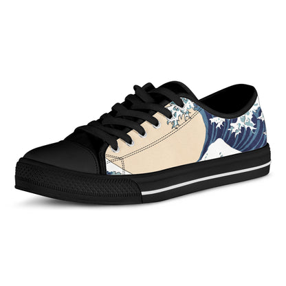 Japanese Ocean Wave Print Black Low Top Shoes 