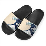 Japanese Ocean Wave Print Black Slide Sandals
