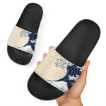 Japanese Ocean Wave Print Black Slide Sandals