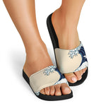 Japanese Ocean Wave Print Black Slide Sandals