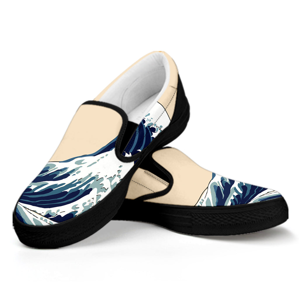 Japanese Ocean Wave Print Black Slip On Shoes