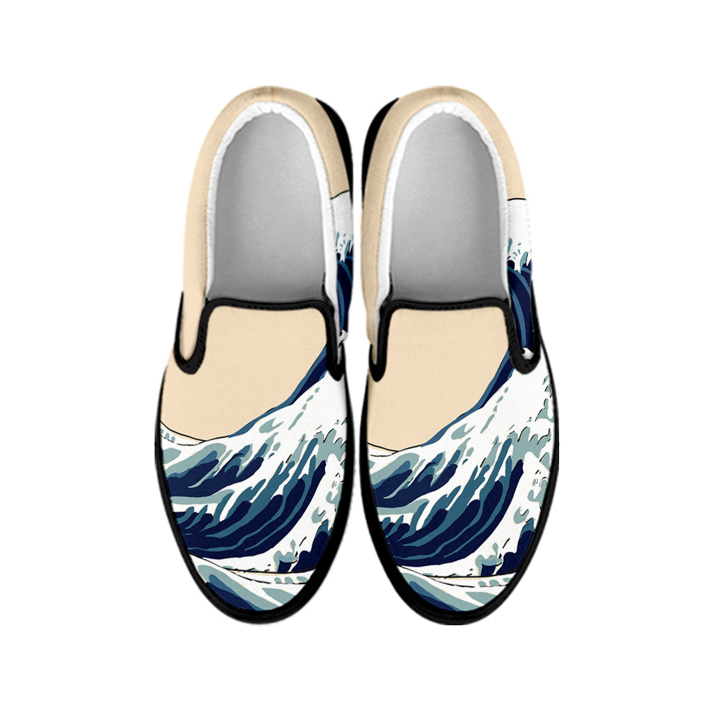 Japanese Ocean Wave Print Black Slip On Shoes