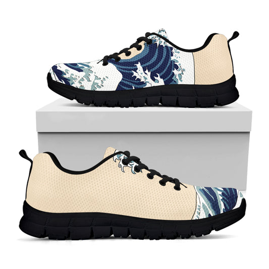 Japanese Ocean Wave Print Black Sneakers