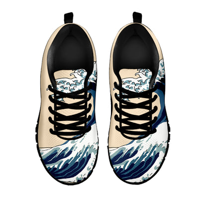 Japanese Ocean Wave Print Black Sneakers