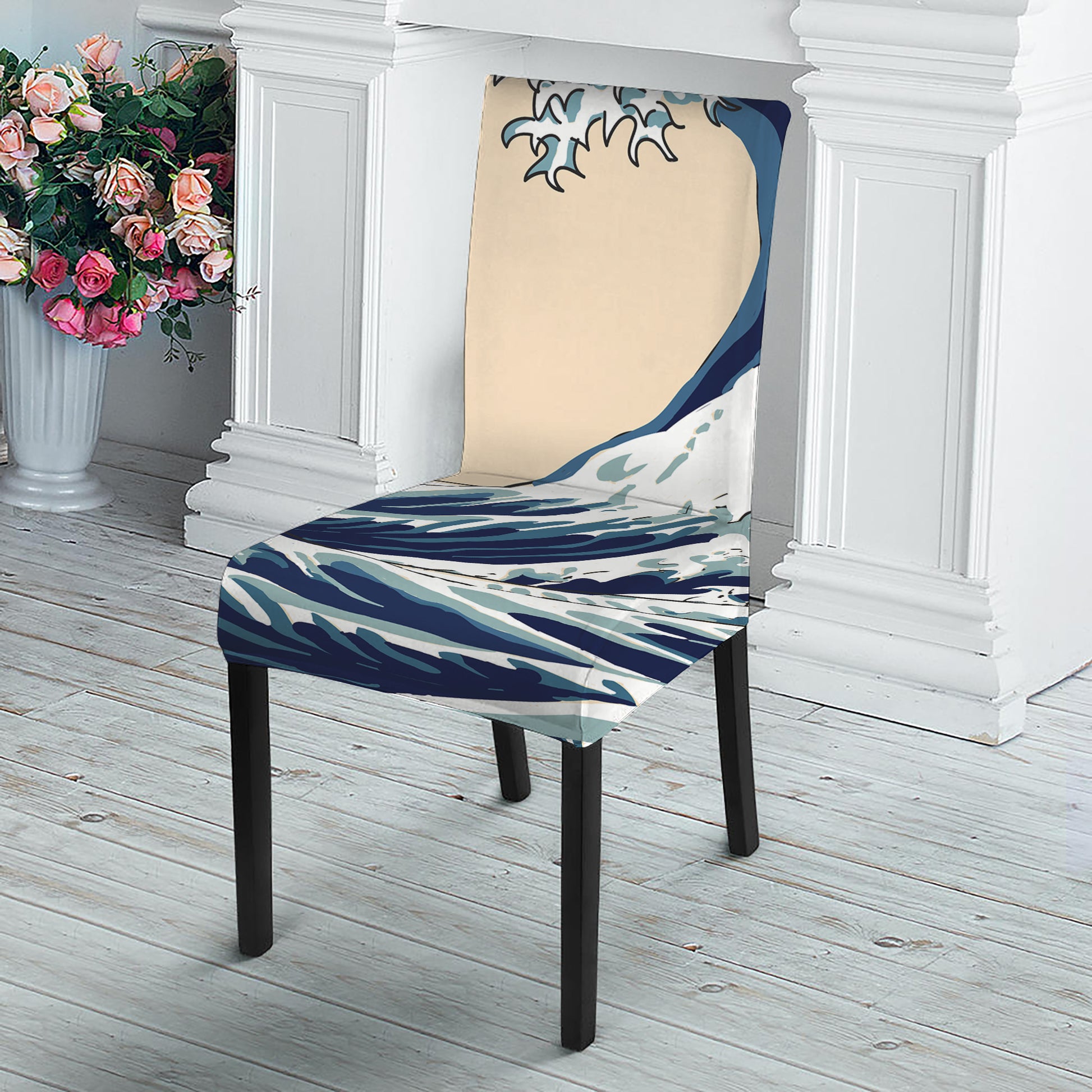 Japanese Ocean Wave Print Dining Chair Slipcover