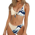 Japanese Ocean Wave Print Front Bow Tie Bikini