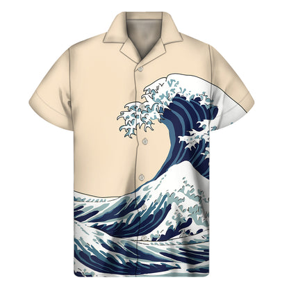 Japanese Ocean Wave Print Men's Short Sleeve Shirt