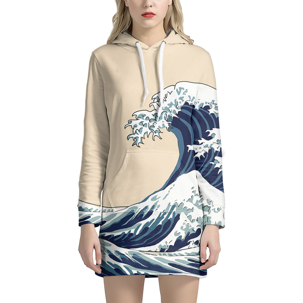 Japanese Ocean Wave Print Pullover Hoodie Dress