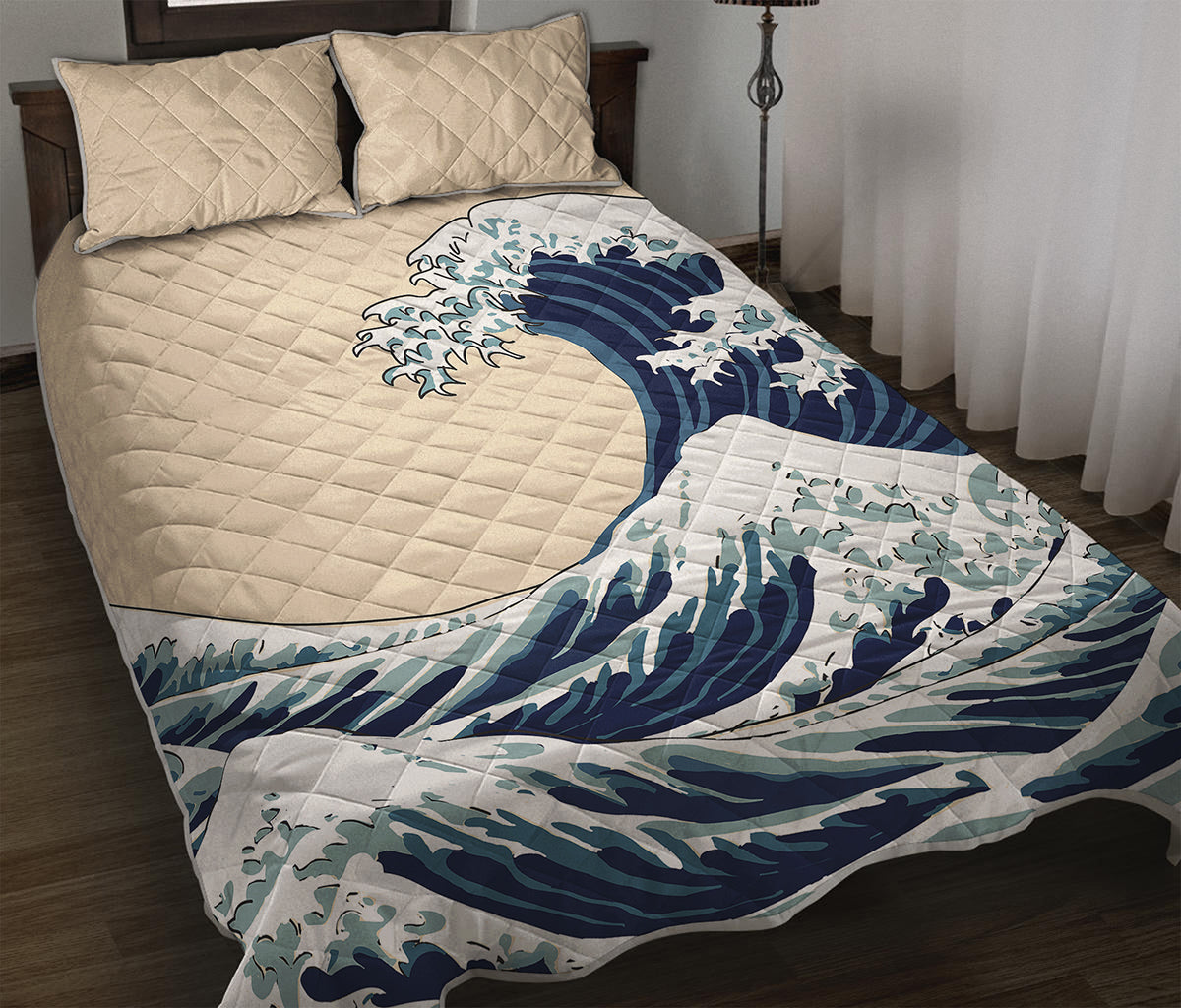 Japanese Ocean Wave Print Quilt Bed Set