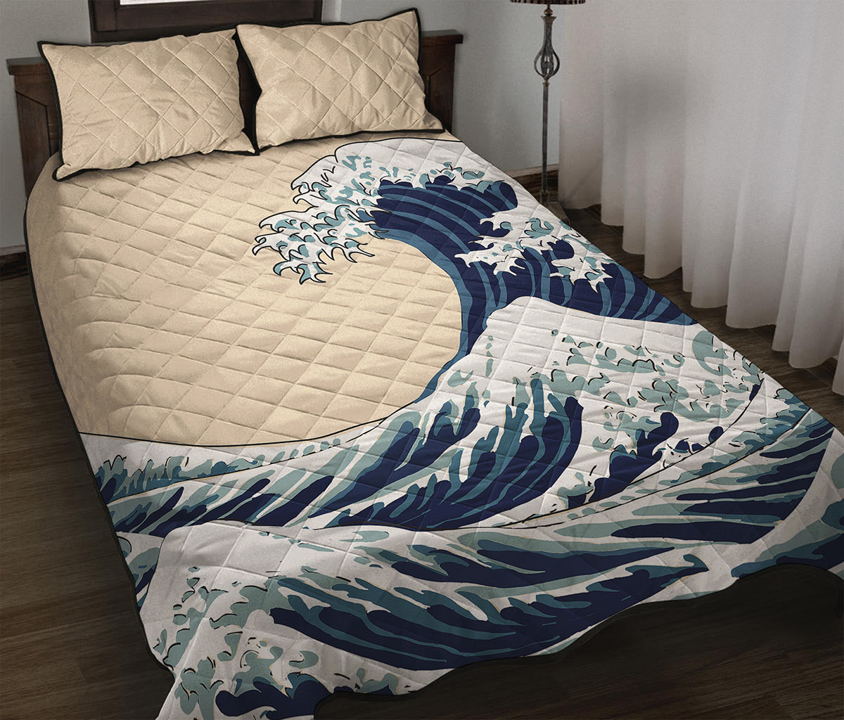 Japanese Ocean Wave Print Quilt Bed Set