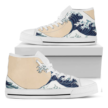 Japanese Ocean Wave Print White High Top Shoes