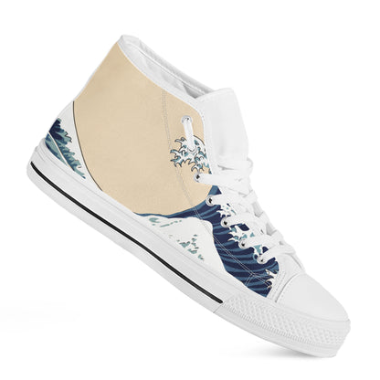 Japanese Ocean Wave Print White High Top Shoes