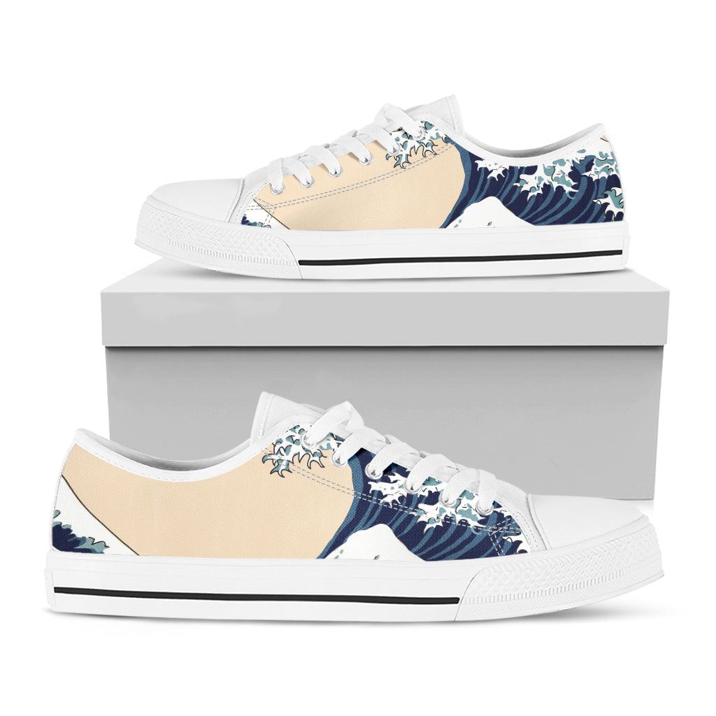 Japanese Ocean Wave Print White Low Top Shoes