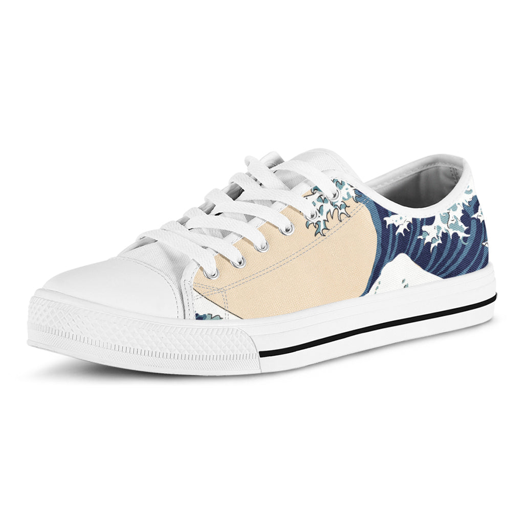 Japanese Ocean Wave Print White Low Top Shoes