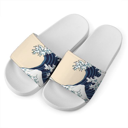Japanese Ocean Wave Print White Slide Sandals